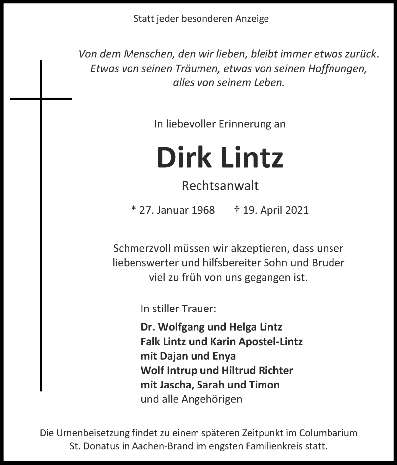  Traueranzeige für Dirk Lintz vom 09.05.2021 aus Zeitung am Sonntag