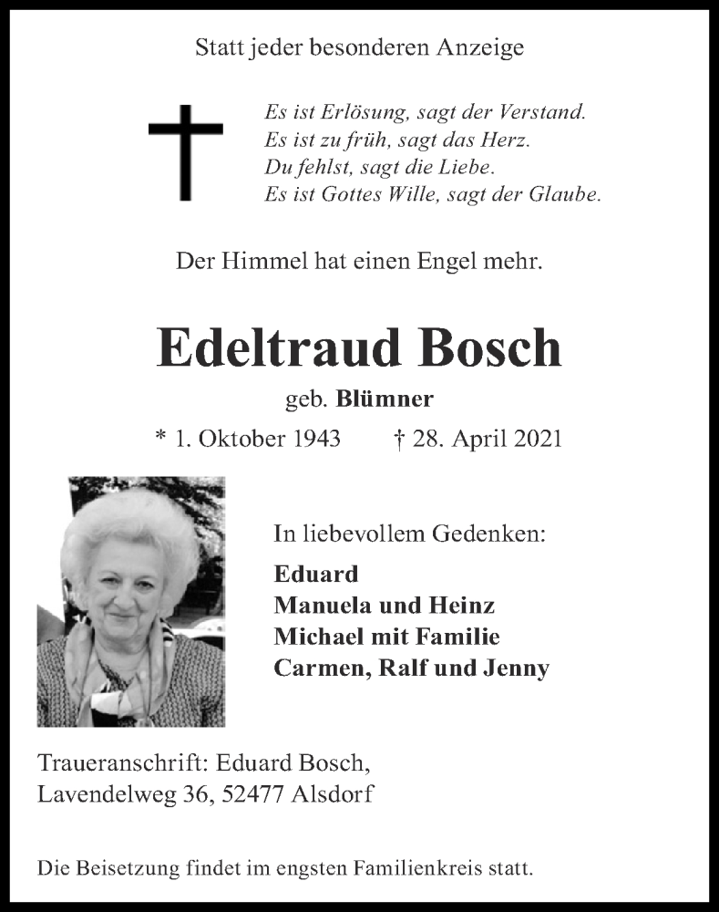  Traueranzeige für Edeltraud Bosch vom 09.05.2021 aus Zeitung am Sonntag