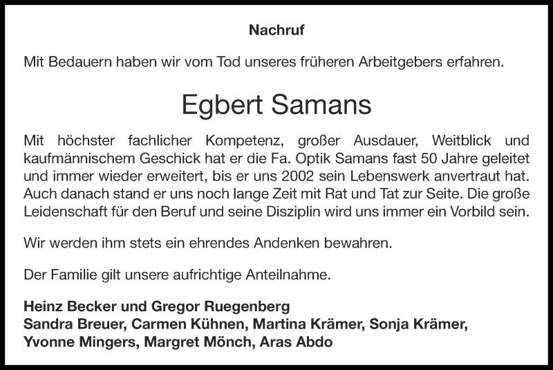  Traueranzeige für Egbert Samans vom 02.05.2021 aus Zeitung am Sonntag