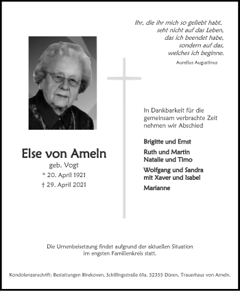 Traueranzeige von Else von Ameln von Zeitung am Sonntag
