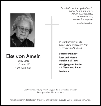 Traueranzeige von Else von Ameln von Aachener Zeitung / Aachener Nachrichten