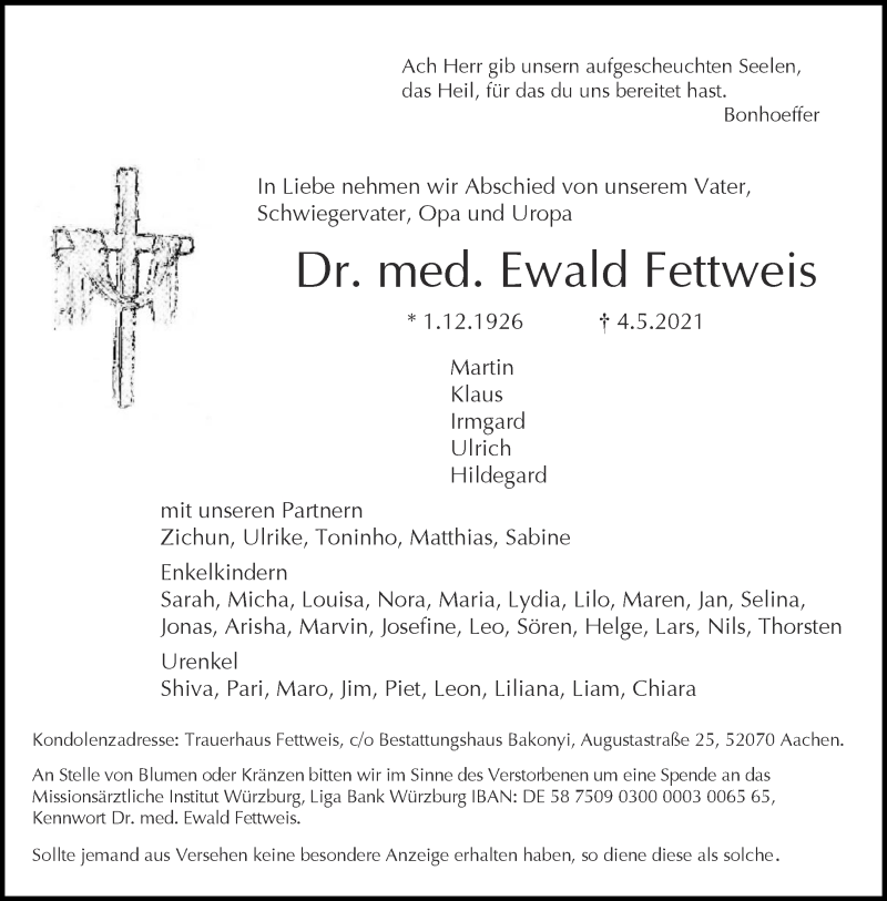  Traueranzeige für Ewald Fettweis vom 08.05.2021 aus Aachener Zeitung / Aachener Nachrichten