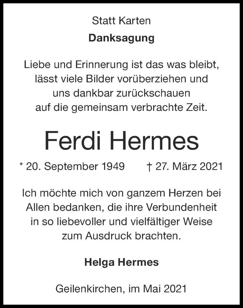  Traueranzeige für Ferdi Hermes vom 09.05.2021 aus Zeitung am Sonntag