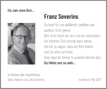 Traueranzeige von Franz Severins von Zeitung am Sonntag