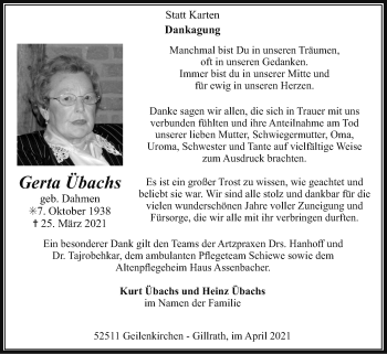 Traueranzeige von Gerta Übachs von Zeitung am Sonntag