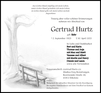 Traueranzeige von Gertrud Hurtz von Zeitung am Sonntag