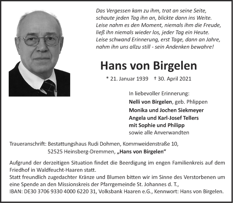  Traueranzeige für Hans von Birgelen vom 08.05.2021 aus Aachener Zeitung / Aachener Nachrichten