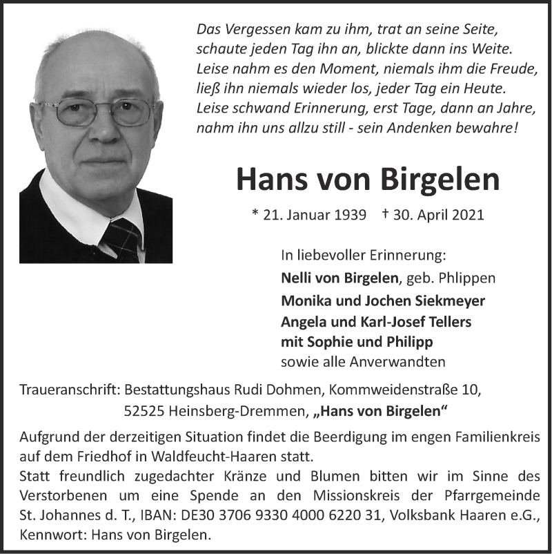  Traueranzeige für Hans von Birgelen vom 09.05.2021 aus Zeitung am Sonntag