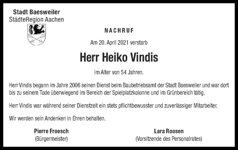  Traueranzeige für Heiko Vindis vom 02.05.2021 aus Zeitung am Sonntag