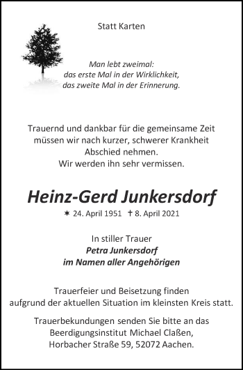 Traueranzeige von Heinz-Gerd Junkersdorf von Zeitung am Sonntag