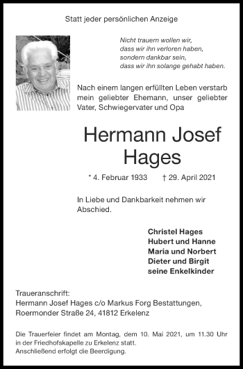 Traueranzeige von Hermann Josef Hages von Zeitung am Sonntag