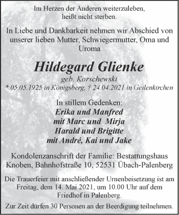Traueranzeige von Hildegard Glienke von Zeitung am Sonntag