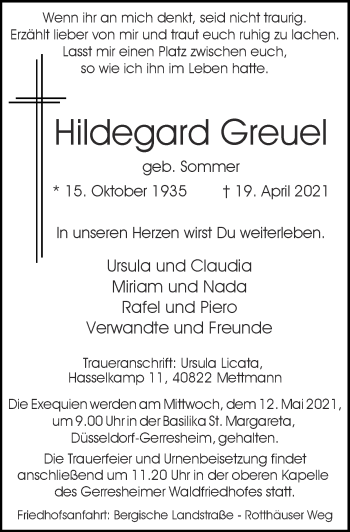 Traueranzeige von Hildegard Greuel von Zeitung am Sonntag