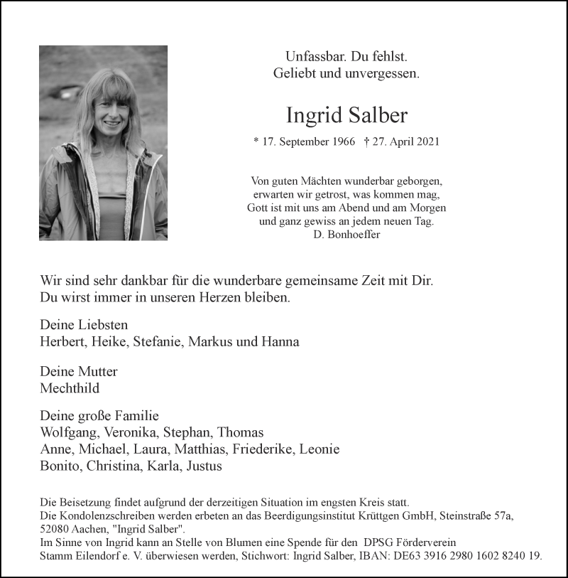  Traueranzeige für Ingrid Salber vom 08.05.2021 aus Aachener Zeitung / Aachener Nachrichten