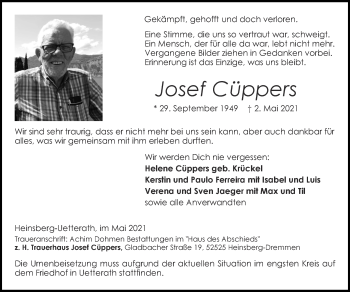 Traueranzeige von Josef Cüppers von Zeitung am Sonntag