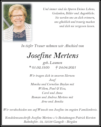 Traueranzeige von Josefine Mertens von Zeitung am Sonntag