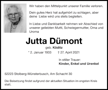 Traueranzeige von Jutta Dümont von Zeitung am Sonntag