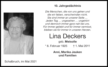 Traueranzeige von Lina Deckers von Zeitung am Sonntag