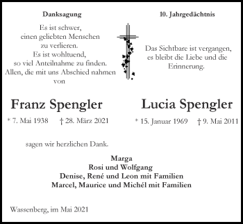 Traueranzeige von Lucia Spengler von Zeitung am Sonntag