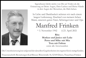Traueranzeige von Manfred Frinken von Zeitung am Sonntag