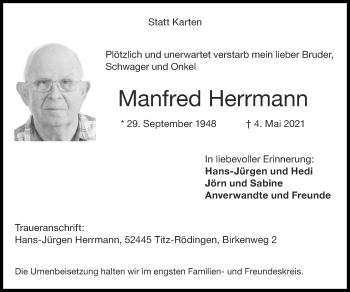 Traueranzeige von Manfred Herrmann von Zeitung am Sonntag