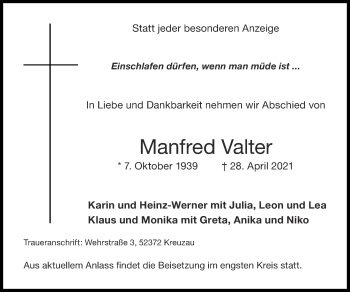 Traueranzeige von Manfred Valter von Zeitung am Sonntag