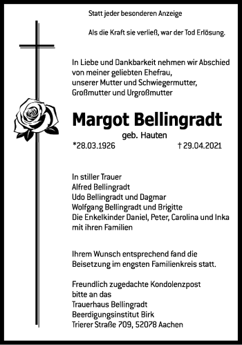 Traueranzeige von Margot Bellingradt von Aachener Zeitung / Aachener Nachrichten