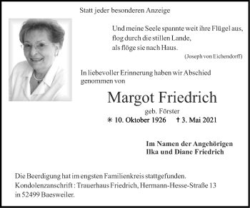 Traueranzeige von Margot Friedrich von Zeitung am Sonntag