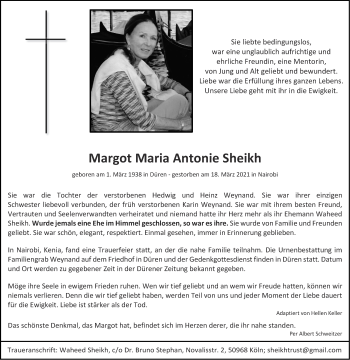 Traueranzeige von Margot Maria Antonie Sheikh von Aachener Zeitung / Aachener Nachrichten
