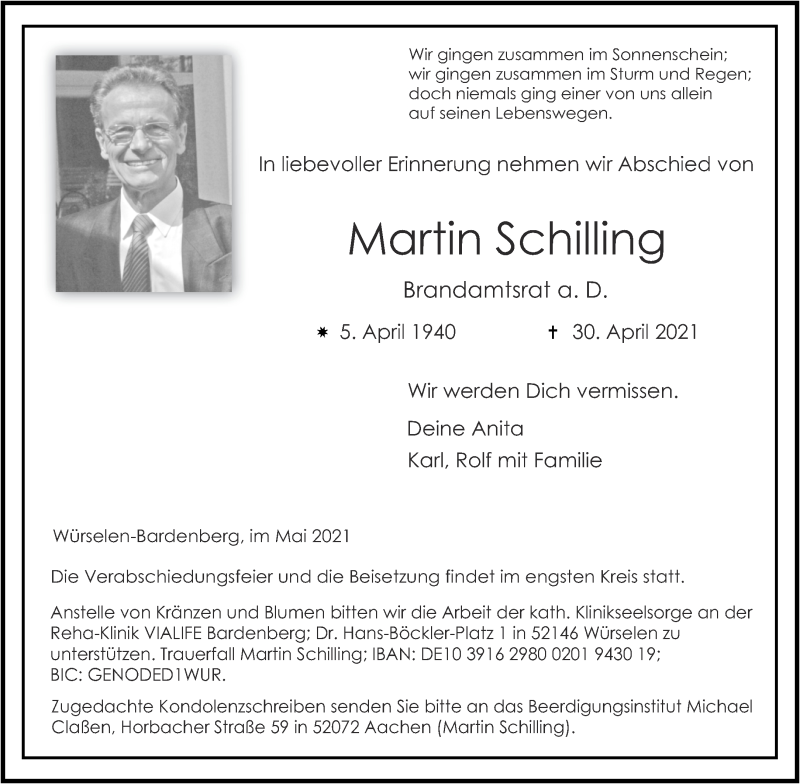  Traueranzeige für Martin Schilling vom 06.05.2021 aus Aachener Zeitung / Aachener Nachrichten