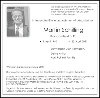Traueranzeige von Martin Schilling von Aachener Zeitung / Aachener Nachrichten