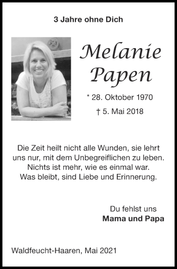 Traueranzeige von Melanie Papen von Zeitung am Sonntag