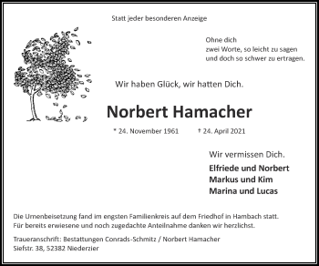 Traueranzeige von Norbert Hamacher von Zeitung am Sonntag