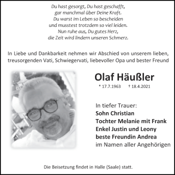 Traueranzeige von Olaf Häußler von Zeitung am Sonntag