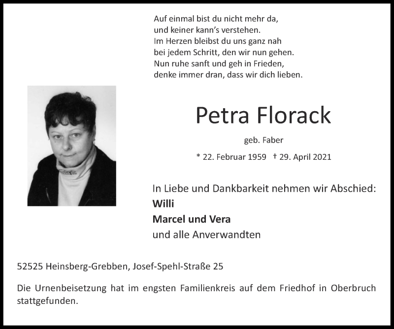  Traueranzeige für Petra Florack vom 09.05.2021 aus Zeitung am Sonntag