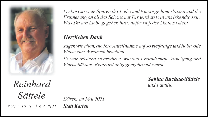  Traueranzeige für Reinhard Sättele vom 09.05.2021 aus Zeitung am Sonntag