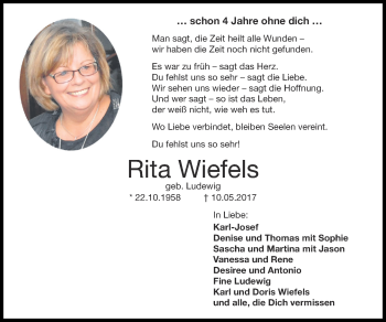 Traueranzeige von Rita Wiefels von Zeitung am Sonntag