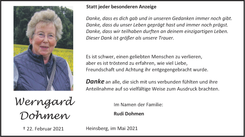  Traueranzeige für Werngard Dohmen vom 02.05.2021 aus Zeitung am Sonntag
