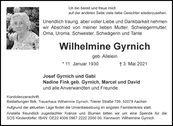 Traueranzeige von Wilhelmine Gyrnich von Aachener Zeitung / Aachener Nachrichten