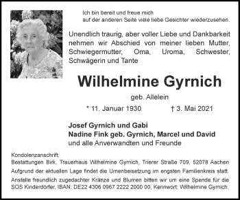 Traueranzeige von Wilhelmine Gyrnich von Zeitung am Sonntag