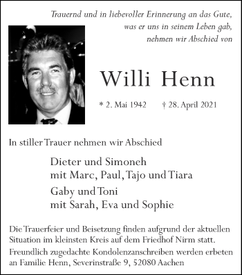Traueranzeige von Willi Henn von Zeitung am Sonntag