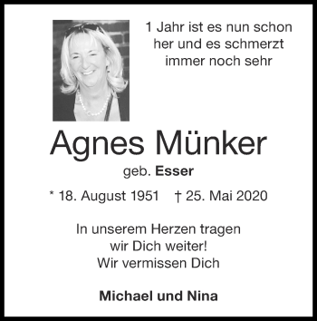 Traueranzeige von Agnes Münker von Zeitung am Sonntag