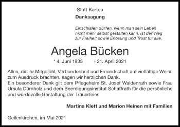 Traueranzeige von Angela Bücken von Zeitung am Sonntag