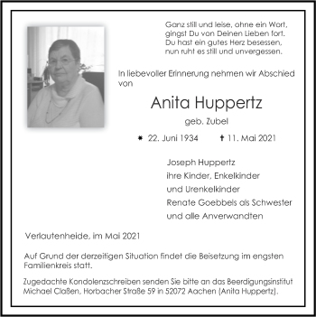 Traueranzeige von Anita Huppertz von Zeitung am Sonntag