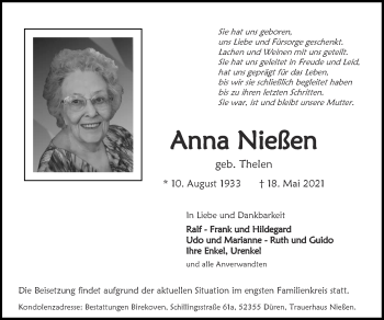 Traueranzeige von Anna Nießen von Zeitung am Sonntag