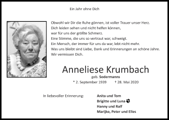 Traueranzeige von Anneliese Krumbach von Zeitung am Sonntag