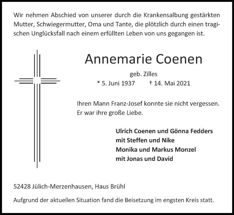  Traueranzeige für Annemarie Coenen vom 23.05.2021 aus Zeitung am Sonntag