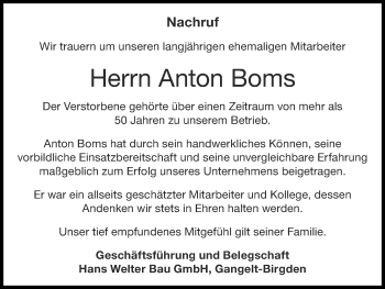 Traueranzeige von Anton Boms von Zeitung am Sonntag