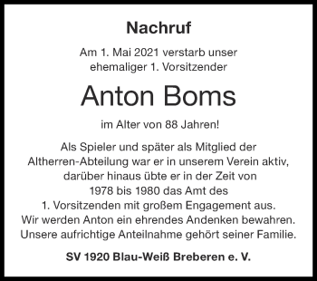 Traueranzeige von Anton Boms von Zeitung am Sonntag