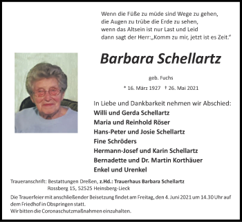 Traueranzeige von Barbara Schellartz von Zeitung am Sonntag